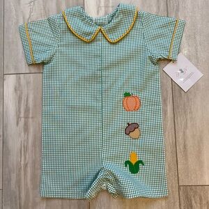 NWT Remember Nguyen Green Windowpane Check Williams Short Sleeve Romper, boys 2T